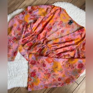 Floral bell sleeve tie front top